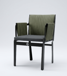 Olive green upholstered chair with a padded back and arms on a black metal frame, seen from the side edge of the seat area.