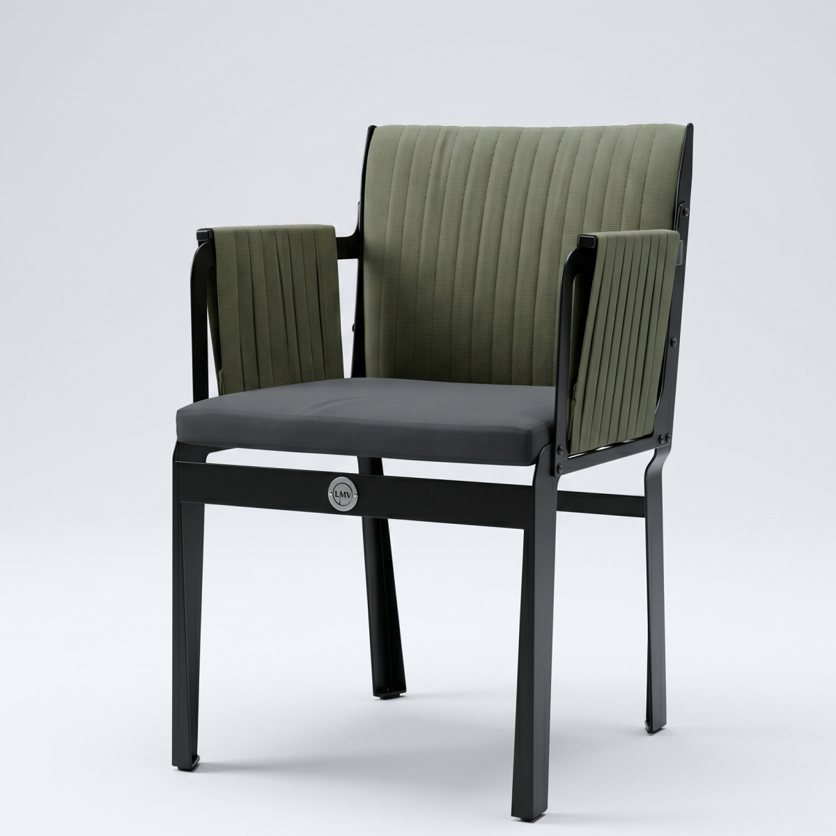 LMV Sthul Olive green upholstered chair with a padded back and arms on a black metal frame, seen from the side edge of the seat area.